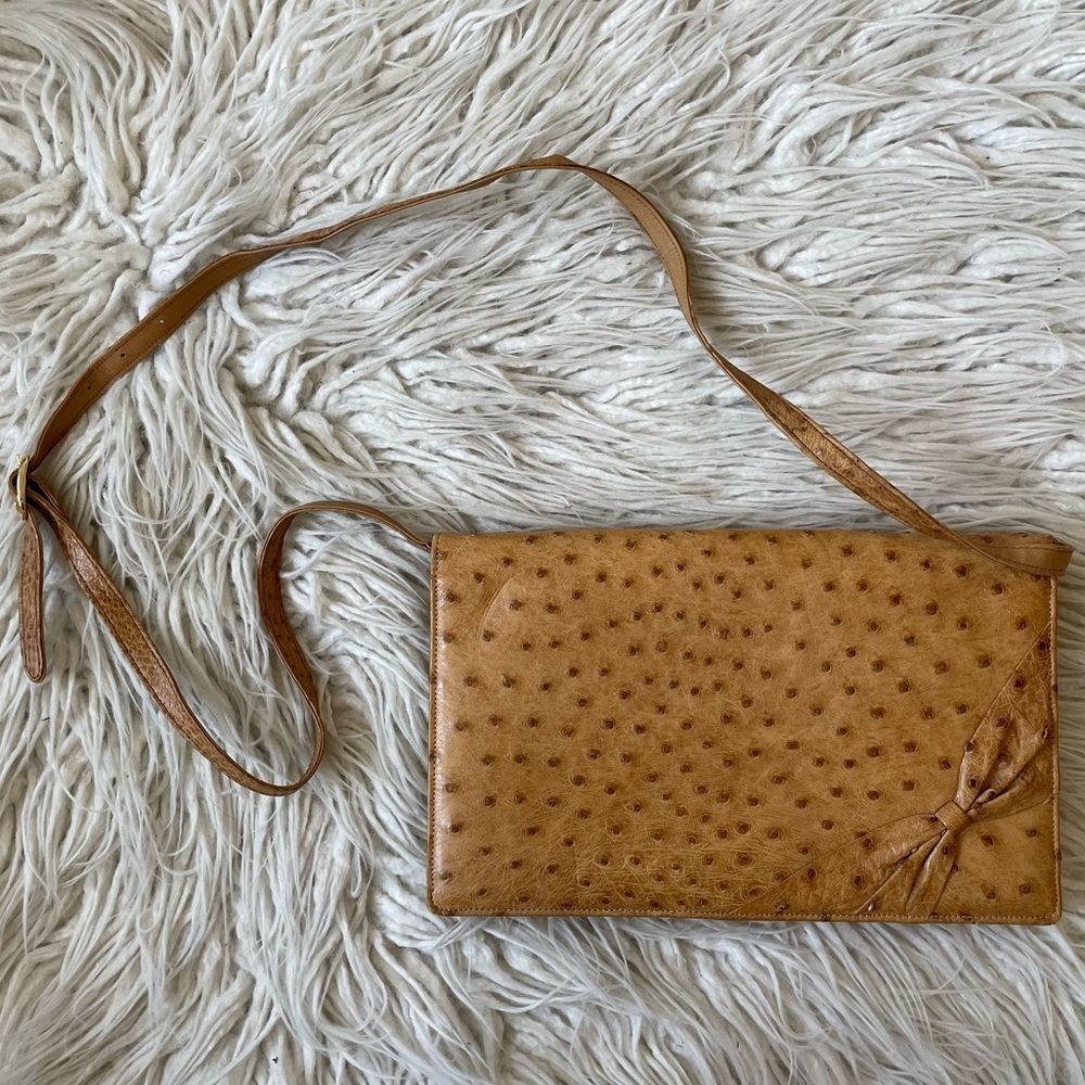 Cape Cobra Brown Ostrich Leather Rectangular Bow Accent Vintage Crossbody Bag